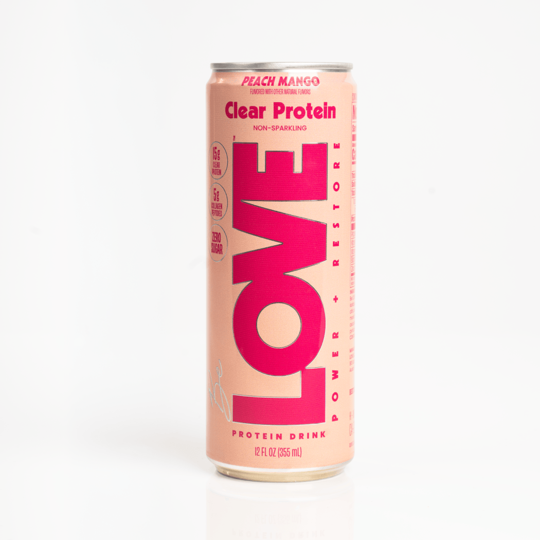 Be LOVE Peach Mango protein drink can, Peach Mango