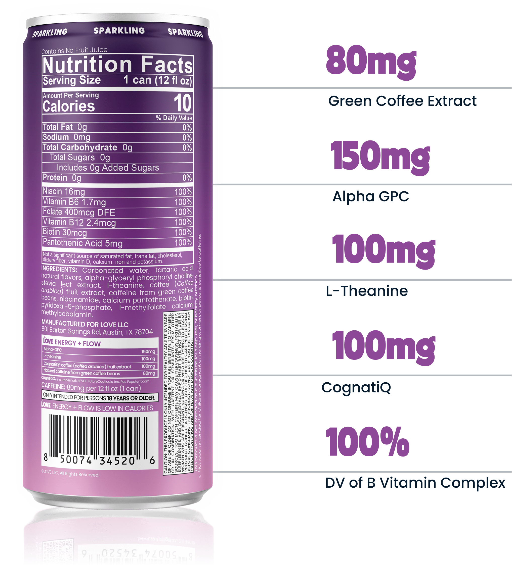 80mg Green Coffee Extract, 150mg Alpha GPC, 100mg L-Theanine, 100mg CognatiQ, 100% DV of B Vitamin Complex