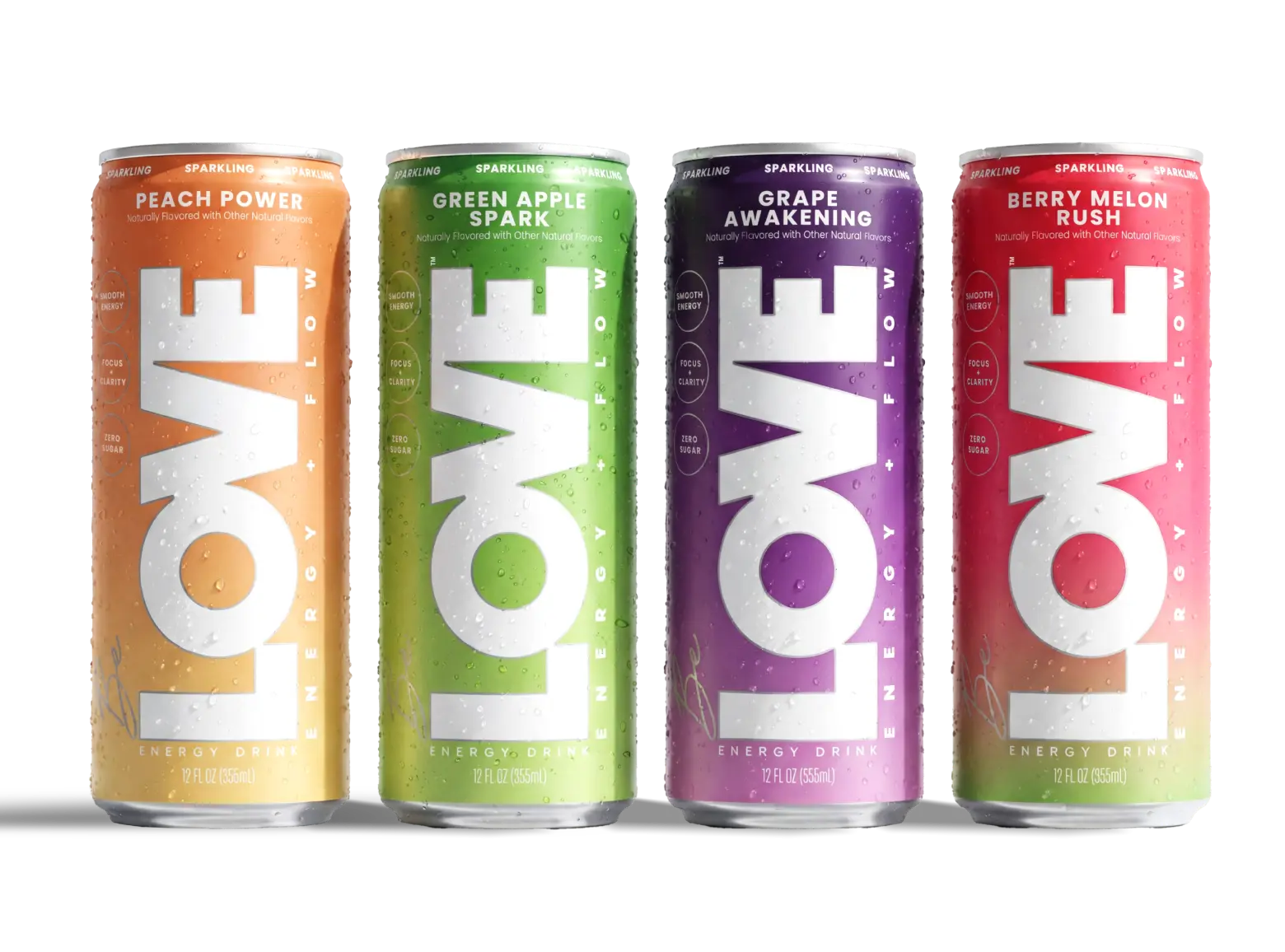 Be LOVE cans: Peach Power, Green Apple Spark, Grape Awakening, Berry Melon Rush